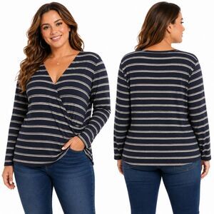 Lucky Brand Striped Faux Wrap Top XL Navy